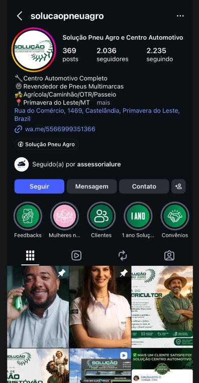 Perfil @solucaopneuagro no Instagram, com 369 publicações e mais de 2 mil seguidores